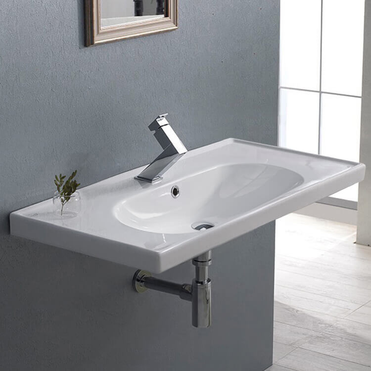 Bathroom Sink, CeraStyle 043300-U, Rectangular White Ceramic Wall Mounted or Drop In Bathroom Sink